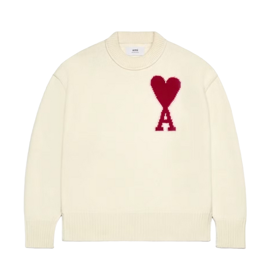 Ami Paris Ami De Coeur Felted Merino Wool Sweater Off White/Red - BFUKS006-018-154